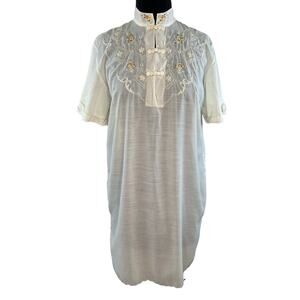 Vintage Lily White Embroidered Floral Short Sleeve Cotton Blend Shift Dress Sz M